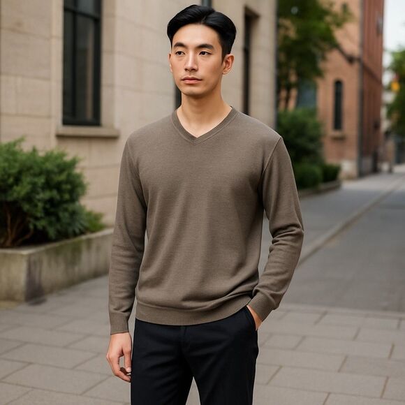 New Sweater Joseph Abboud Men’s XXL Taupe Extra Fine Merino Wool V‎ Neck Preppy - Picture 1 of 8